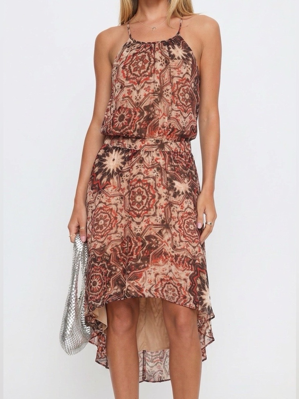 NWT Vintage Y2K Bisou Bisou Red & Brown Abstract Print Halter Hi Low Dress